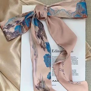 Beige Pink Tan Blue Painted Landscape Silky Neck & Hair Bow Twilly Scarf